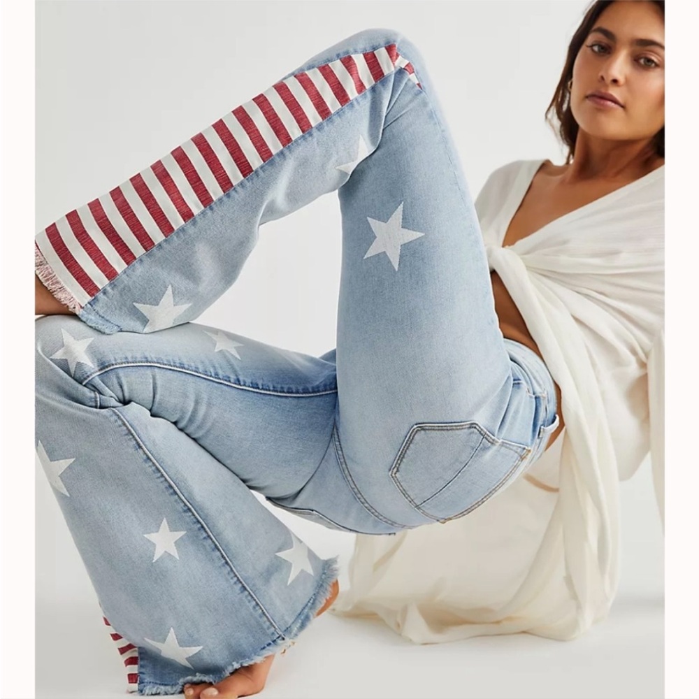 DRIFTWOOD Light Blue Star-Print Flare Jeans with Red Stripe Detail